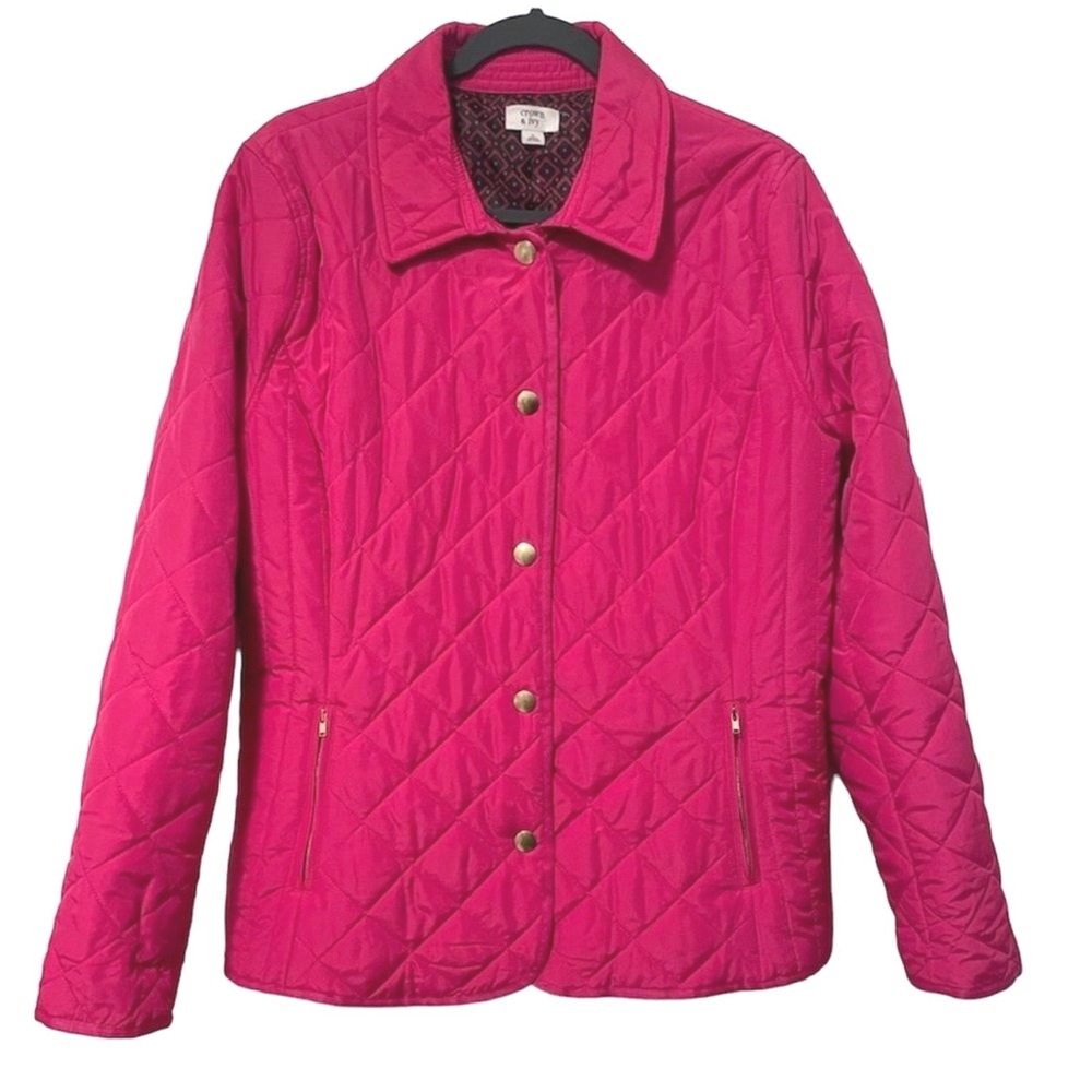 Crown & Ivy Quilted‎ Jacket Pink Preppy Diamond Snap Front Women Large